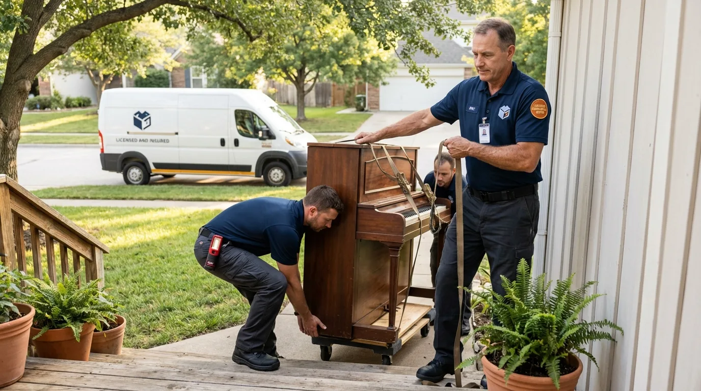 Licensed piano movers securing grand piano in Delray Beach, FL