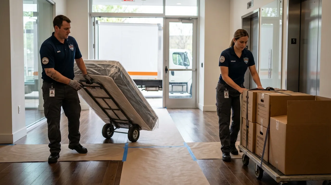 Professional apartment movers loading elevator in Delray Beach, FL